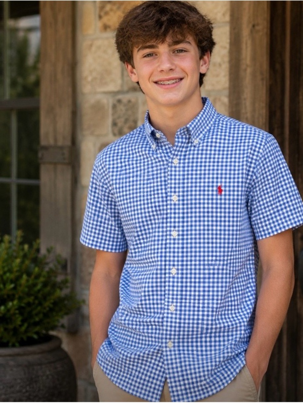 Ralph Lauren Blue and White Gingham Short-Sleeve Shirt. Boys size 18.